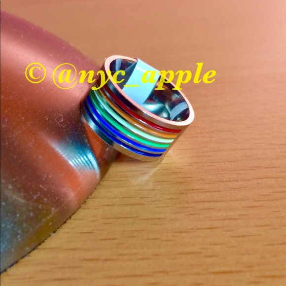 Stainless Steel Striped Rainbow Pride Ring - Picture 4 of 7